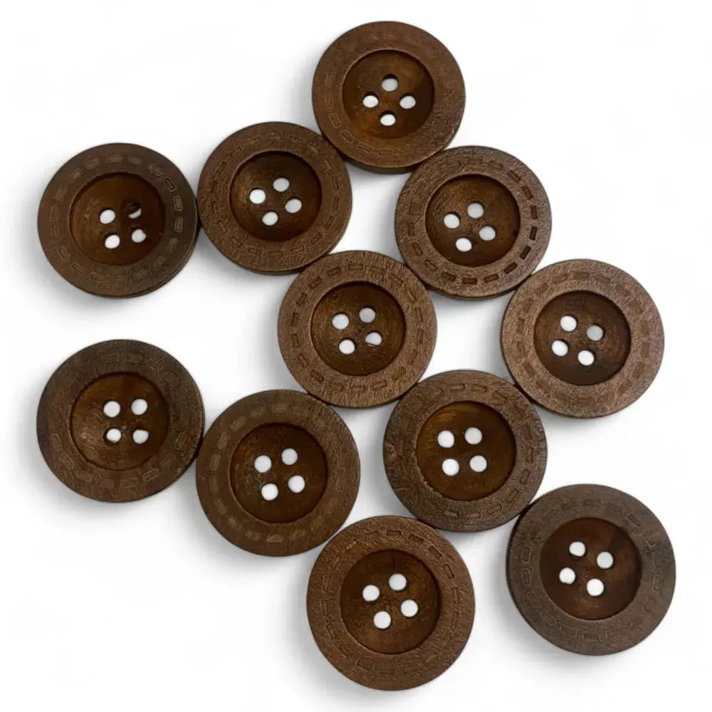Brown wooden four-hole buttons.