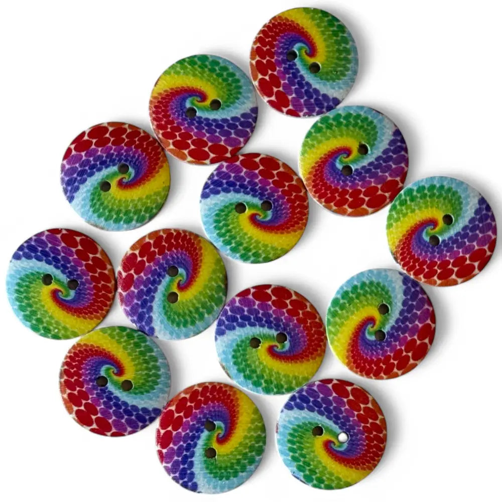 KnitForLess Wooden Sewing Buttons 25mm Rainbow Swirl Pattern 2 Holes Round Large