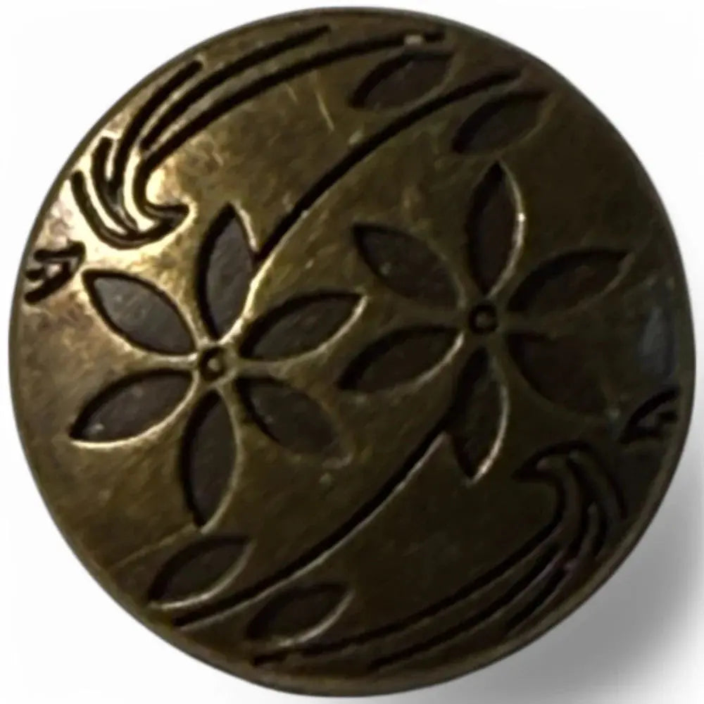 Round, bronze-toned button with floral design.