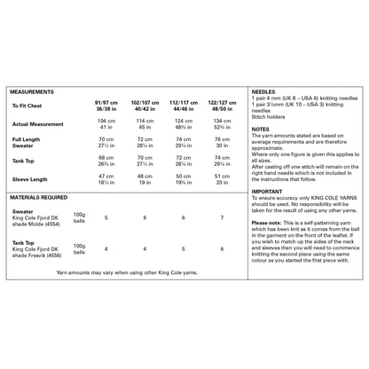 Knitting pattern measurements and materials.
