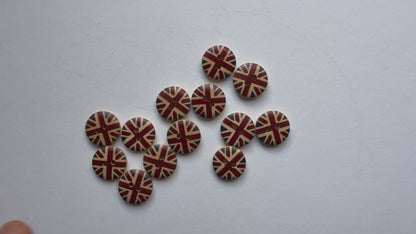 15mm Wooden Union Jack Buttons, UK Flag Design, 2 Holes, Pack of 10