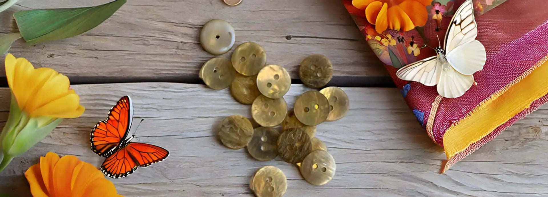 Wooden table with flowers, buttons, and butterflies.